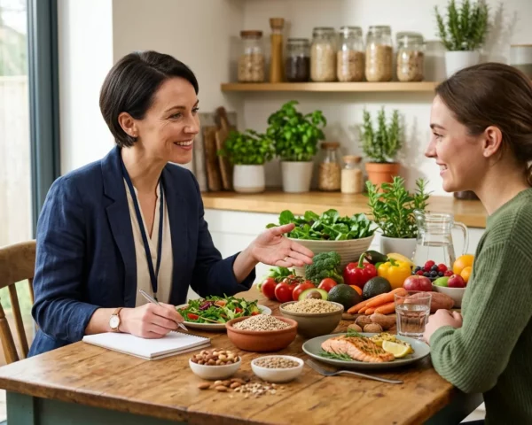 Nutricionista asesorando a una mujer sobre alimentación saludable y equilibrada