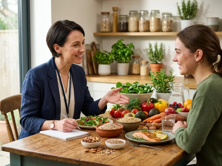 Nutricionista asesorando a una mujer sobre alimentación saludable y equilibrada