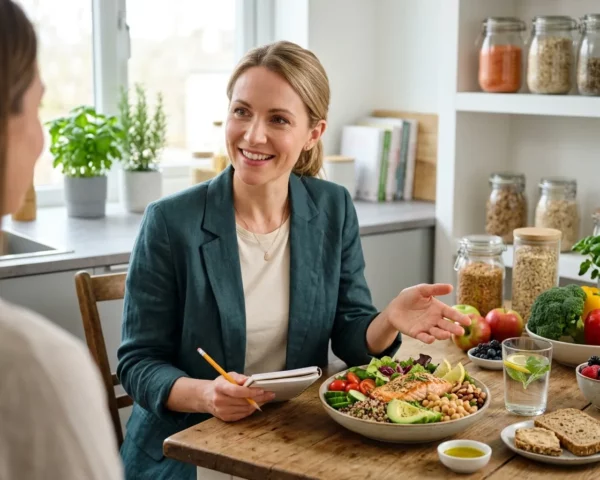 Nutricionista explicando una dieta equilibrada durante una consulta personalizada