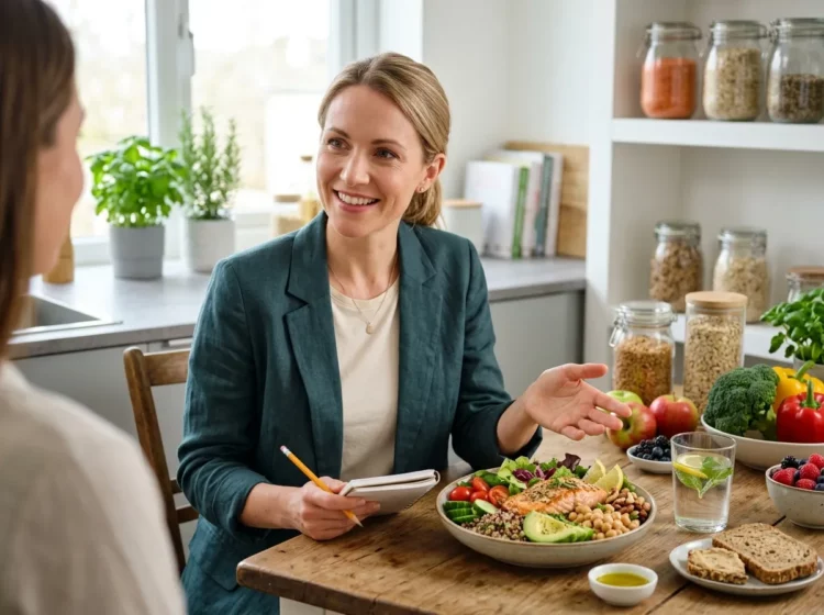 Nutricionista explicando una dieta equilibrada durante una consulta personalizada
