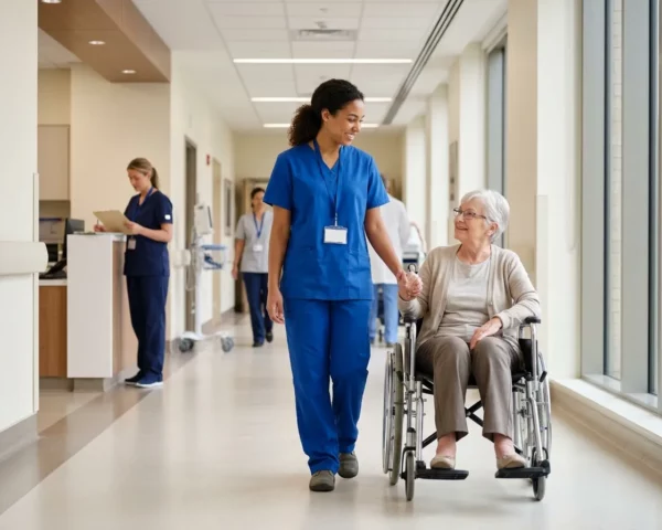 Equipo de profesionales sanitarios conversa con una paciente mayor sentada en silla de ruedas.