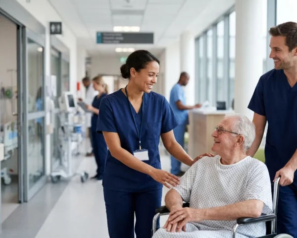 Dos profesionales sanitarios atienden a un paciente mayor en silla de ruedas dentro de un hospital.