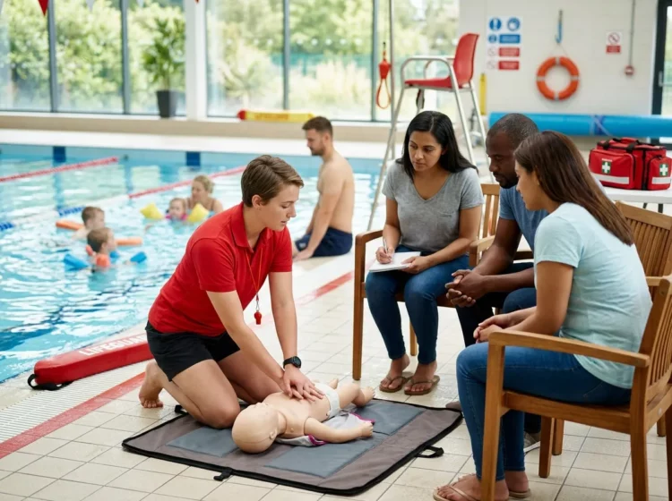 Formación práctica de RCP para bebés junto a una piscina