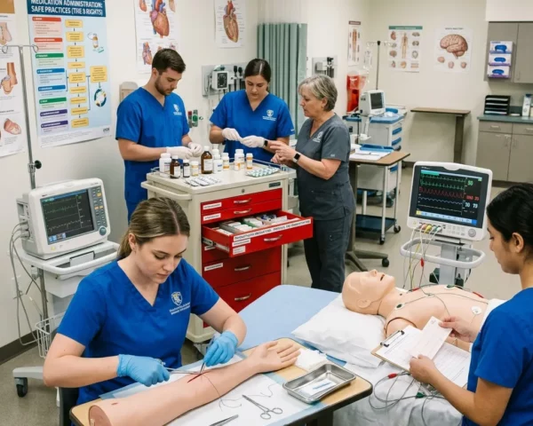 Profesionales de enfermería practicando técnicas clínicas con simuladores