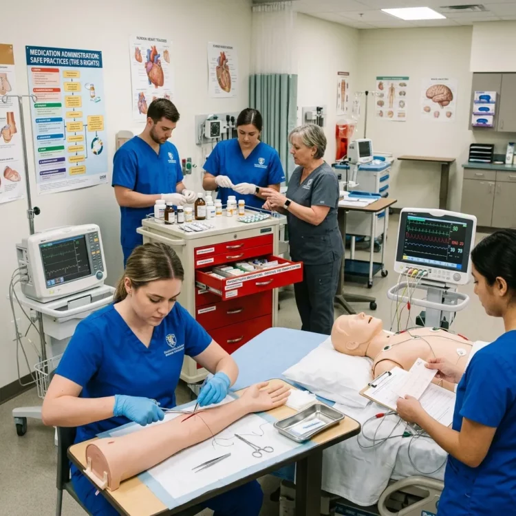 Profesionales de enfermería practicando técnicas clínicas con simuladores