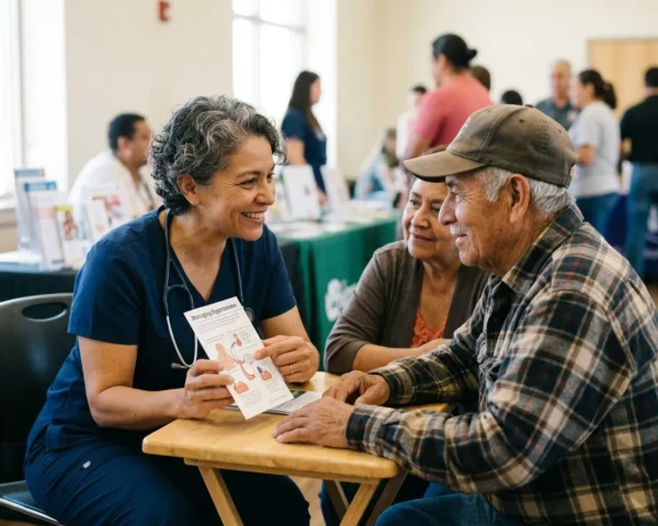 Profesional sanitaria ofreciendo información de salud a una pareja de personas mayores