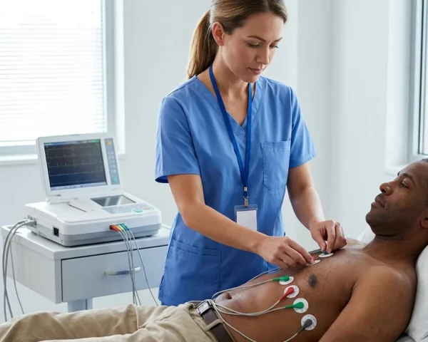 Enfermera colocando electrodos a un paciente para realizar un electrocardiograma