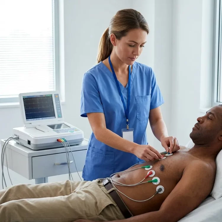 Enfermera colocando electrodos a un paciente para realizar un electrocardiograma