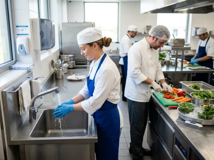 Cocinera lavándose las manos mientras otros profesionales preparan alimentos