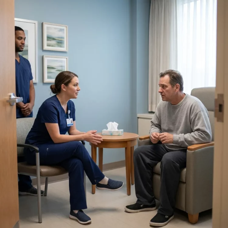 Profesional sanitaria conversando con un paciente durante una intervención de salud mental
