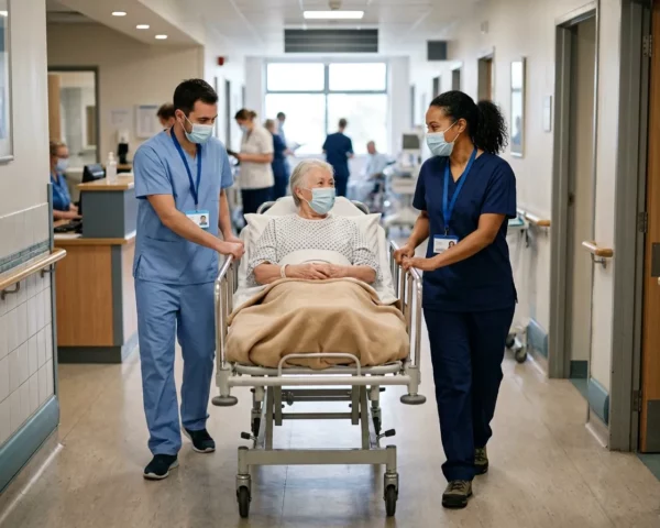 Profesional sanitaria traslada a una paciente mayor en silla de ruedas por un pasillo hospitalario.