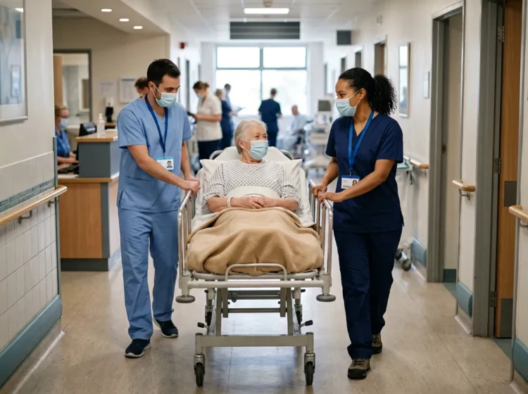 Profesional sanitaria traslada a una paciente mayor en silla de ruedas por un pasillo hospitalario.