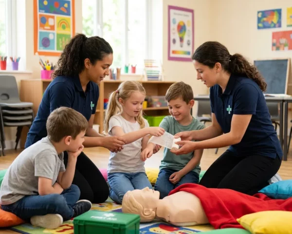 Formación en primeros auxilios para niños con práctica sobre un maniquí