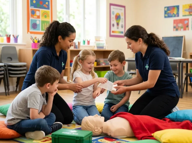 Formación en primeros auxilios para niños con práctica sobre un maniquí