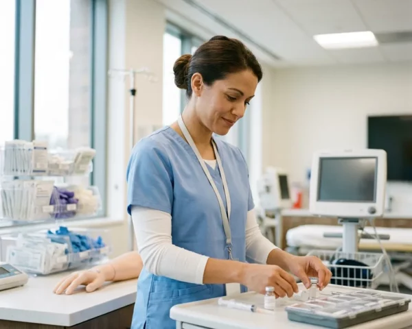 Enfermera preparando medicación para su administración segura en un entorno sanitario