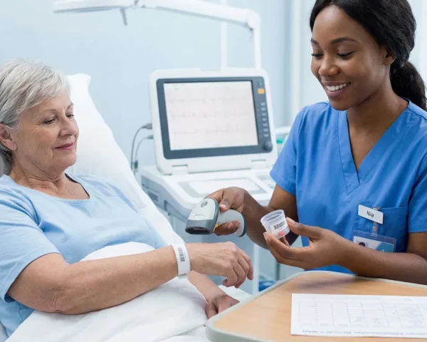 Profesional sanitaria trabajando en un entorno clínico y gestionando información asistencial