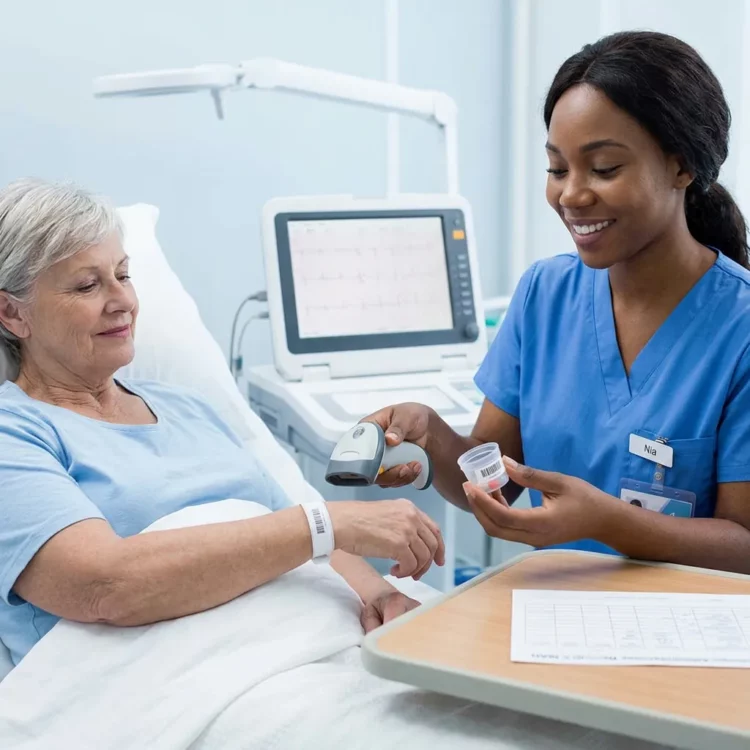 Profesional sanitaria trabajando en un entorno clínico y gestionando información asistencial