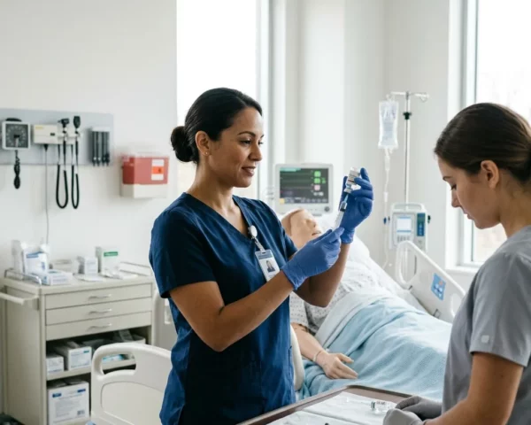 Enfermera verificando la medicación de una paciente hospitalizada antes de administrarla