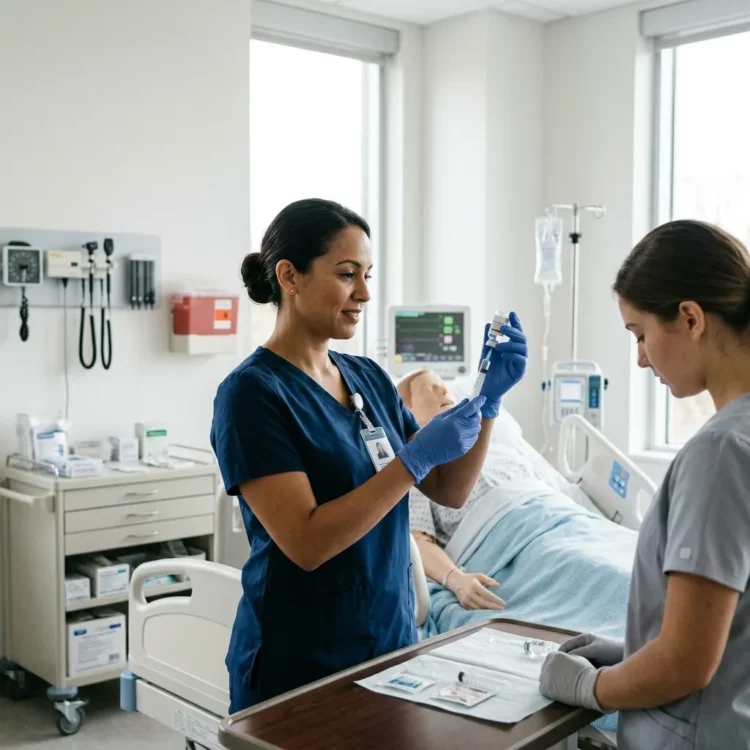 Enfermera verificando la medicación de una paciente hospitalizada antes de administrarla