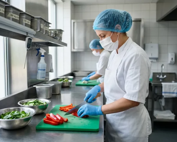 Profesional cortando pimiento con guantes y protección higiénica