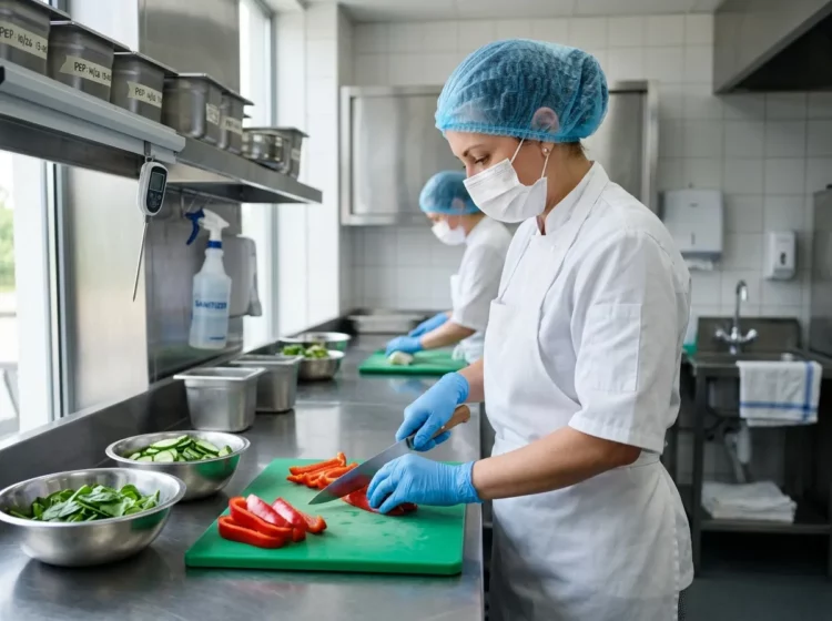 Profesional cortando pimiento con guantes y protección higiénica