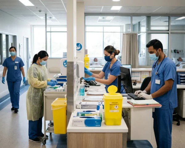 Personal sanitario trabajando con medidas de protección y seguridad en un hospital