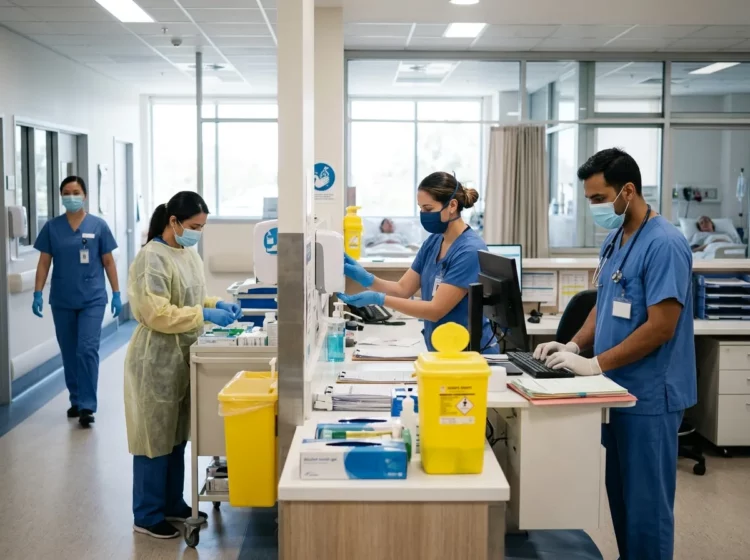 Personal sanitario trabajando con medidas de protección y seguridad en un hospital