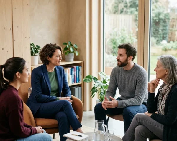 Grupo de personas dialogando durante una sesión profesional de resolución de conflictos