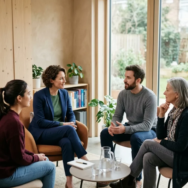 Grupo de personas dialogando durante una sesión profesional de resolución de conflictos