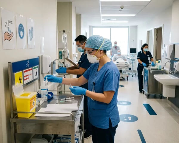 Personal sanitario utilizando equipos de protección en un hospital