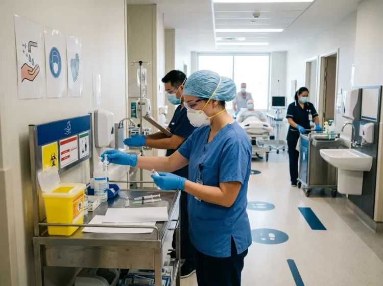 Personal sanitario utilizando equipos de protección en un hospital