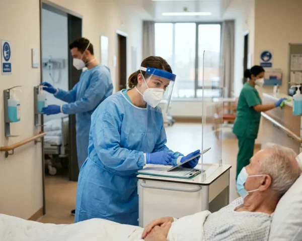Profesional sanitaria atendiendo a un paciente con equipos de protección