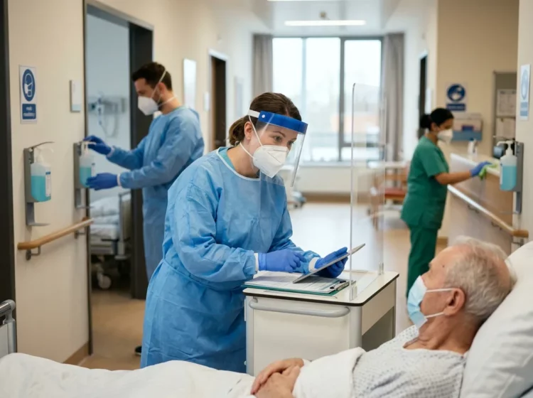 Profesional sanitaria atendiendo a un paciente con equipos de protección