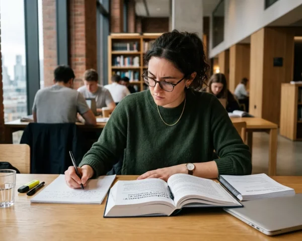 Estudiante tomando apuntes mientras prepara un examen en la biblioteca