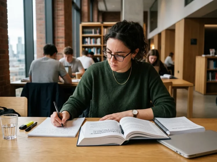 Estudiante tomando apuntes mientras prepara un examen en la biblioteca