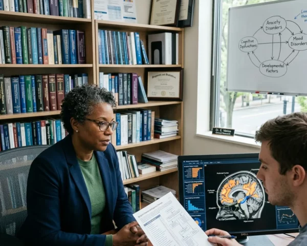 Profesional de psicología analizando documentación durante una evaluación psicológica