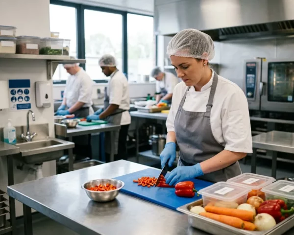 Cocinera preparando verduras en una cocina profesional
