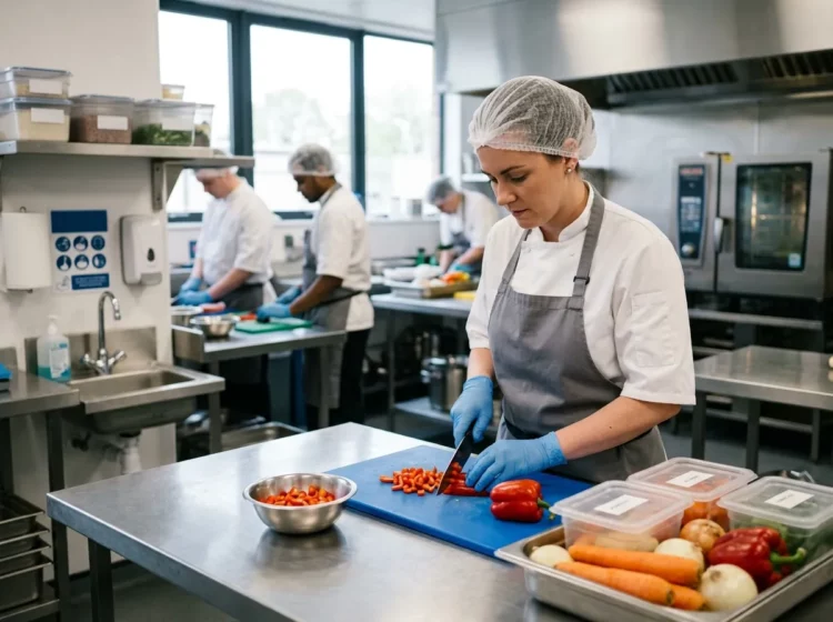 Cocinera preparando verduras en una cocina profesional