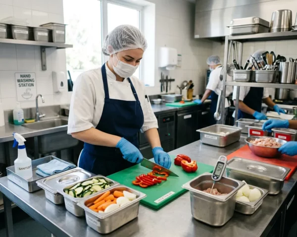 Profesional cortando pimientos con guantes en una cocina industrial