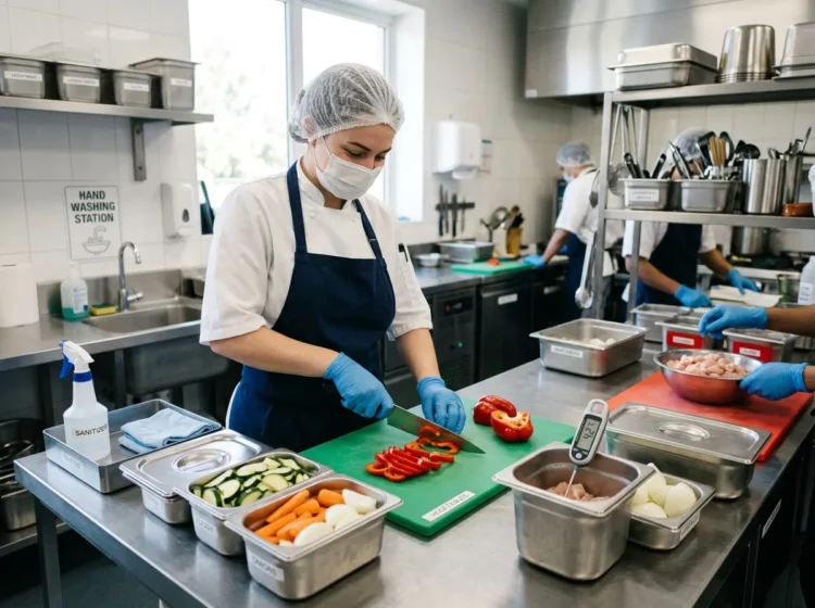 Profesional cortando pimientos con guantes en una cocina industrial