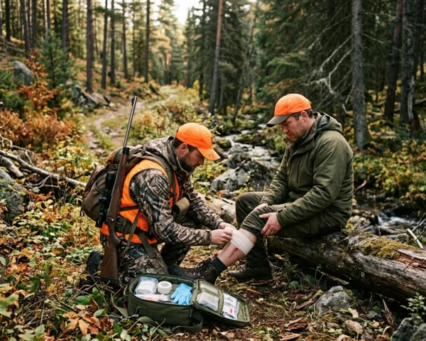 Cazador realizando primeros auxilios a un compañero herido en el bosque