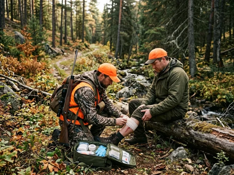 Cazador realizando primeros auxilios a un compañero herido en el bosque