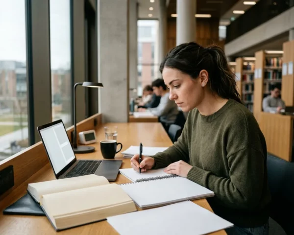 Mujer estudiando y tomando apuntes para preparar un examen