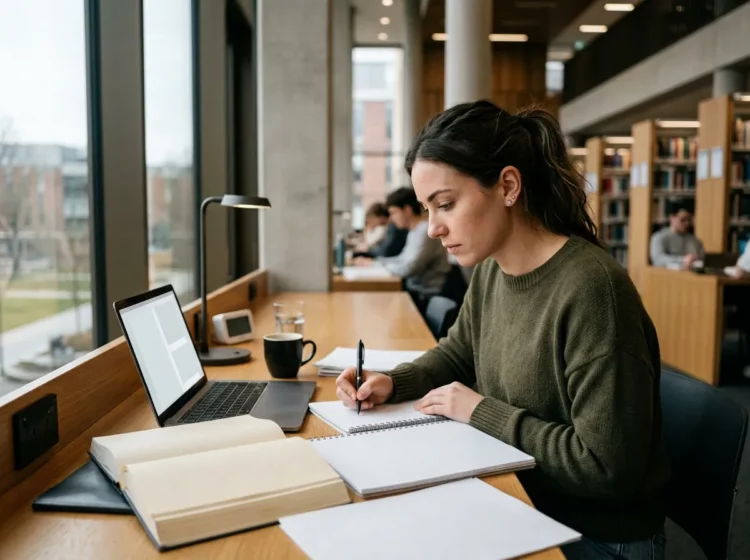 Mujer estudiando y tomando apuntes para preparar un examen