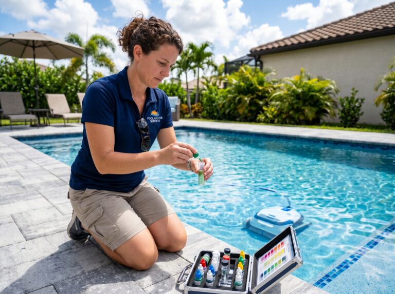 Piscina de aguas cristalinas bajo el sol con kit de medición química