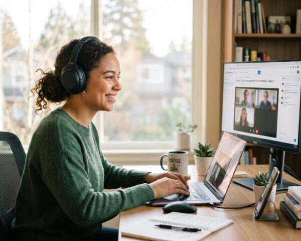 Profesional sonriente frente al ordenador con auriculares atendiendo llamada