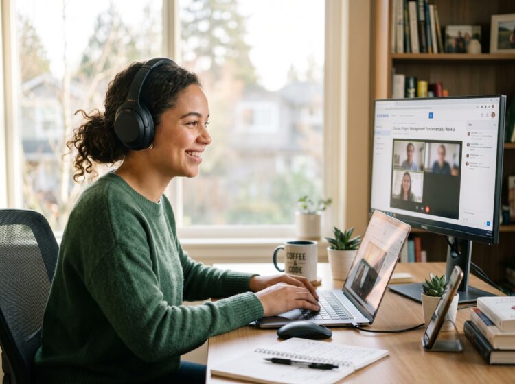Profesional sonriente frente al ordenador con auriculares atendiendo llamada