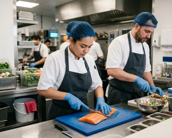 Profesionales preparando salmón y verduras con guantes en una cocina