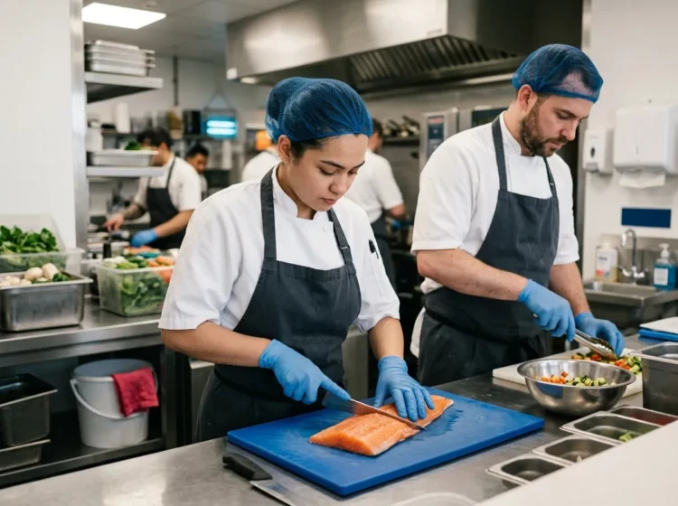 Profesionales preparando salmón y verduras con guantes en una cocina