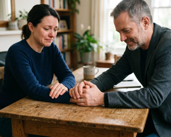 Dos personas agarrándose fuertemente de la mano sobre una mesa